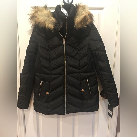 London Fog medium black winter jacket coat faux fur hood - Picture 2 of 6